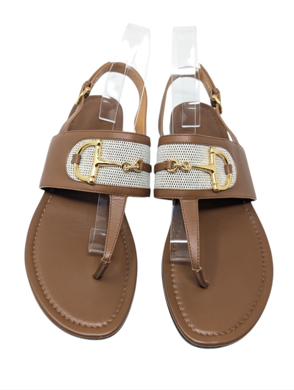 Gucci Alfa Brown Leather Canvas Thong Slingback Sandal Gold Horsebit Size EU 41